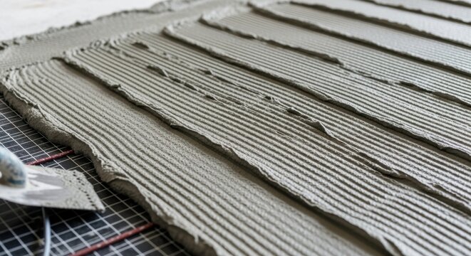 Overhead view of thinset spread evenly across electric floor heating mat highlighting precision and efficiency in underfloor heating installation.