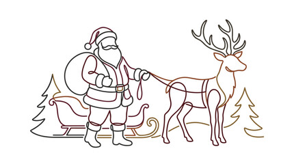 Obraz premium Continuous line drawing of Santa Claus holding a gift sack and reins for a reindeer with large antlers. Minimalist Christmas scene includes a sleigh and pine trees on a white background.