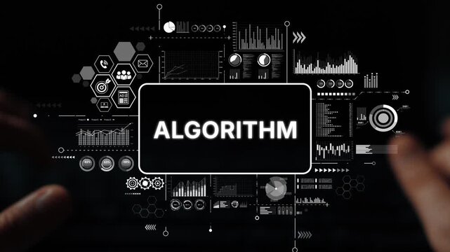 Concept of Algorithm with Hands Typing on Keyboard Surrounded by Digital Graphics and Data Visualizations. Asymptotic smart data analytic.
