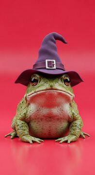 Whimsical 3D Frog Witch: Textured amphibian with expressive eyes, bathed in soft crimson glow.
