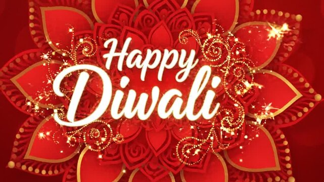 Happy diwali greeting card design with red floral mandala and golden sparkles