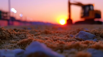 Sunrise view over a sandy construction site with excavator silhouette in vibrant, warm hues