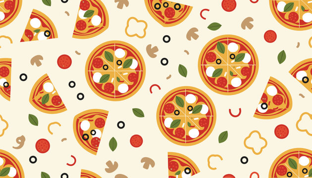 Seamless appetizing pizza pattern showing whole pizzas, slices, pepperoni, mushrooms, and olives on a cream background.