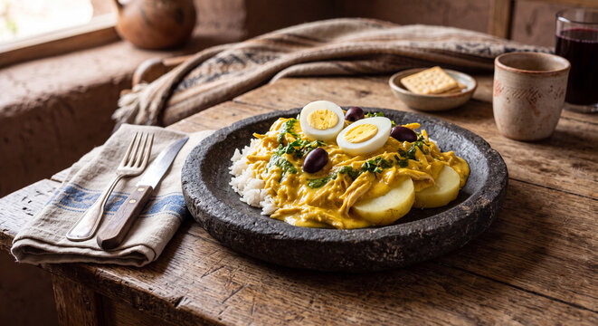 Peruvian dish "Aj&iacute; de Gallina" on stone plate on rustic table