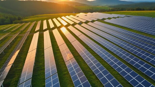 Solar farm panels capturing renewable energy in green fields at sunset, highlighting sustainable power