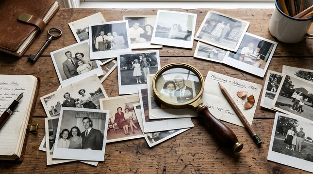 Magnifying glass over vintage family photographs on rustic wooden table with magnifying memories nostalgia photograph genealogy childhood remembrance research