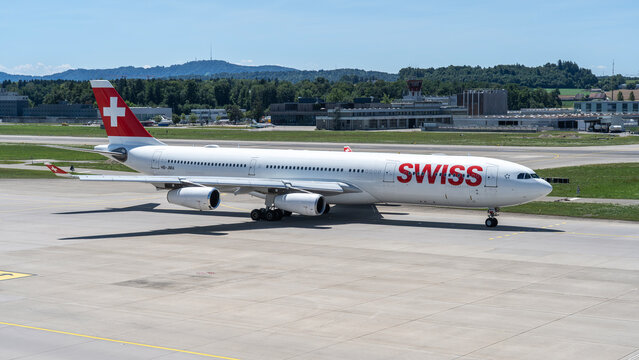 Swiss International Air Lines Airbus A340 is taxiing at ZRH international airport