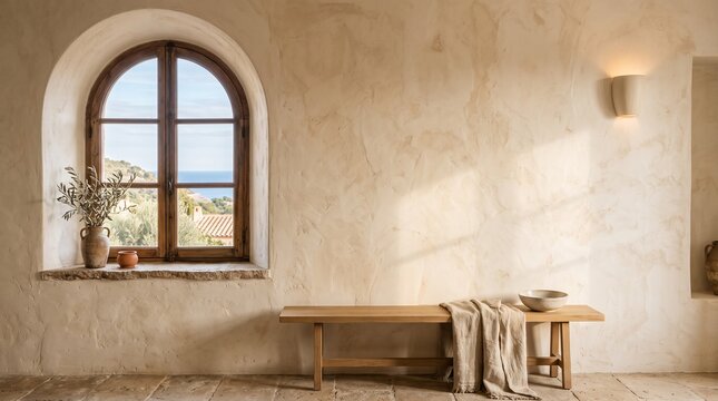 Sunlit interior with arched window overlooking sea with rustic wooden furniture window coastal view interior featuring displays sunlit mediterranean architecture terracotta minimalist