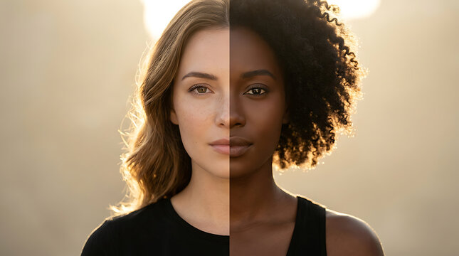 Split screen portrait of two women one fair skinned one dark skinned woman