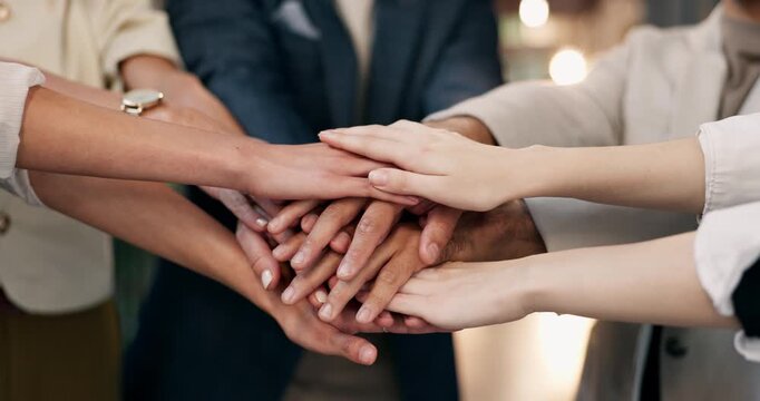 Huddle, team building and business people with hands together in collaboration, support and goals. Office, mission and group stack with startup, solidarity and celebration of partnership success