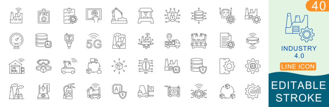 Industry 4.0 Line Icon Set, Smart Manufacturing, Industrial IoT, Automation, AI, Digital Factory Editable Stroke Vector Icons