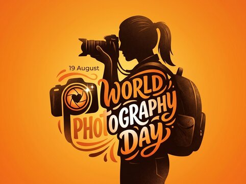 World Photography Day Illustration with Female Photographer Silhouette, Camera, and Backpack on Orange Background