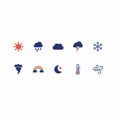Obraz premium A diverse and colorful collection of vector weather icons, showcasing various atmospheric conditions such as sunny, rainy, cloudy, stormy, snowy, windy, and more, ideal for UI/UX design