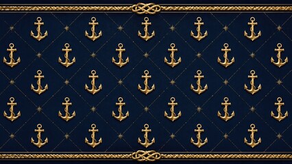Obraz premium Luxurious navy quilted background with repeating gold anchors and decorative rope borders
