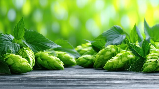 Fresh hop cones and leaves on wooden surface with a green bokeh background
