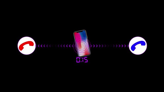 Smartphone incoming call interface shows a mobile device with a red decline and blue accept button icon hovering above a digital timer indicating a brief fifteen second duration on a black backdrop.