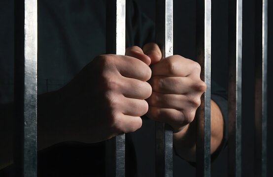 Close up of person hands clutching prison bars in a dark cell symbolizing captivity and loss of freedom with captivity