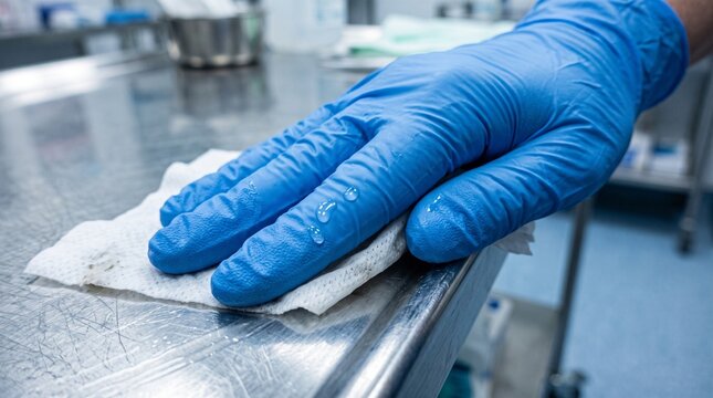 Hand in blue nitrile glove cleaning a stainless steel surface with white wipe.