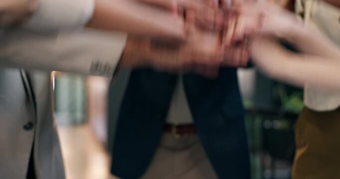 Stack, team building and business people with hands together in collaboration, support and goals. Office, mission and group circle with startup, solidarity and celebration of partnership success