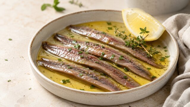 Marinated anchovy fillets in olive oil with lemon wedge and fresh herbs, served in a ceramic dish