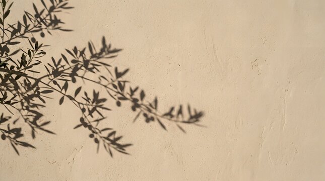 Olive tree branch shadow on beige wall. Minimalist nature overlay for aesthetic design.
