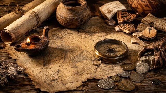 Antique parchment map with brass compass, coins, oil lamp, pottery and scrolls evoking vintage navigation and treasure-hunting still life