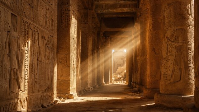 Sunlit ancient Egyptian temple corridor with carved hieroglyphs and sandstone columns