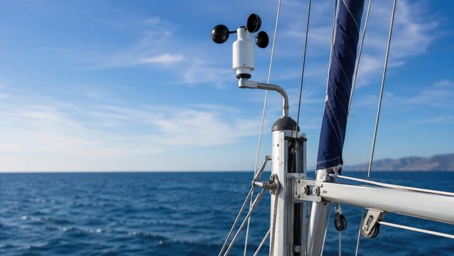 Anemometer mounted on a sailboat mast with rigging, furled sail, blue ocean and sky in the background