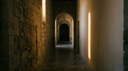 Obraz premium Ancient Stone Corridor with Warm Sunlight Shafts and Arched Hallways Perspective