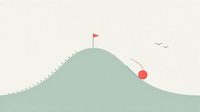 Minimalist of a red ball rolling down a green hill towards a flag, representing goal achievement or business progress concept.