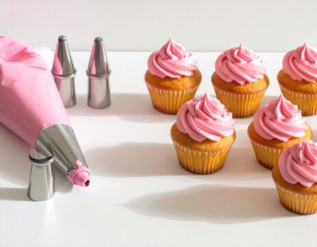 Pink frosted cupcakes with piping bag and tips