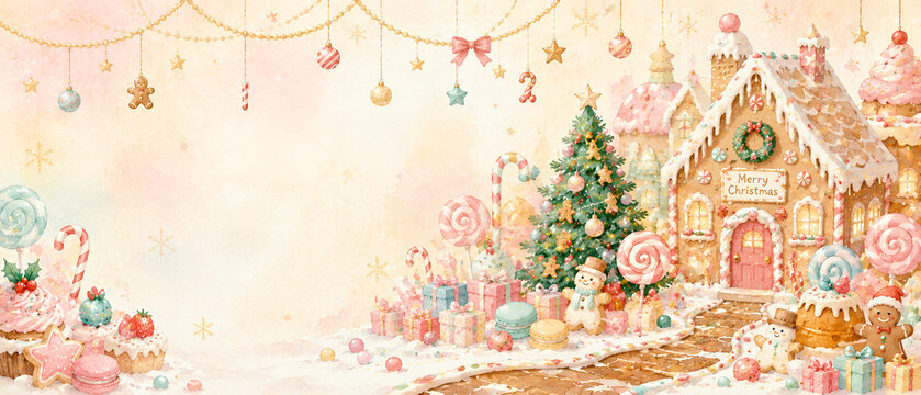 お菓子の家とクリスマススイーツを描いた可愛いクリスマス背景