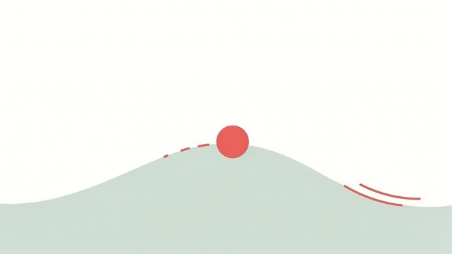 Minimalist of a red ball rolling down a smooth green hill with motion lines indicating speed and downward movement.