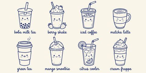 Cute Kawaii Drink Collection: A delightful assortment of hand-drawn, kawaii-style beverages including boba milk tea, berry shake, iced coffee, matcha latte, green tea, mango smoothie, citrus cooler. © jonty