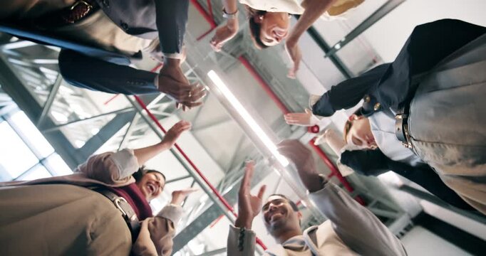 Below, team building and business people with hands together in collaboration, support and goals. Office, mission and group stack with startup, solidarity and celebration of partnership success