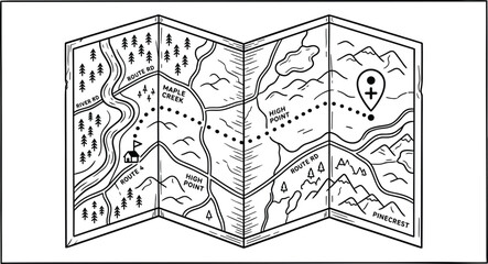 Fototapeta premium Retro folded paper adventure map with topographic mountains forest river and pin pointer for hiking exploration journey