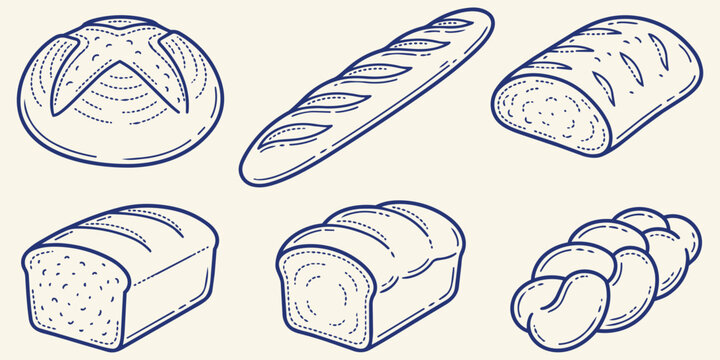 Variety of Bread Loaves: A delightful collection of freshly baked bread loaves, including a round rustic bread, a long baguette, sliced loaves, and a braided loaf, presented in a charming.