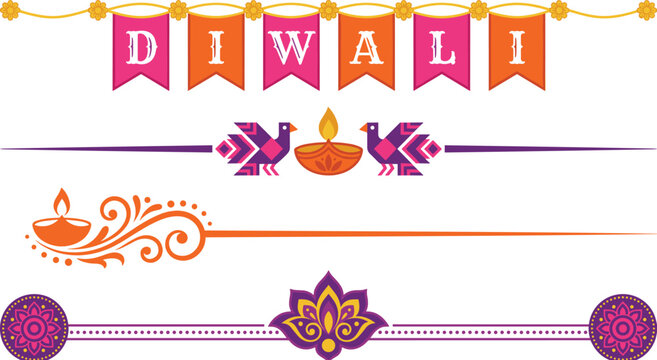 Colorful decorative Diwali festival border divider and bunting flag banner set with diya oil lamp and lotus for vector illustration