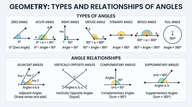 Educational chart showing types of angles and relationships including acute, right, obtuse, reflex, complementary, and supplementary classifications.