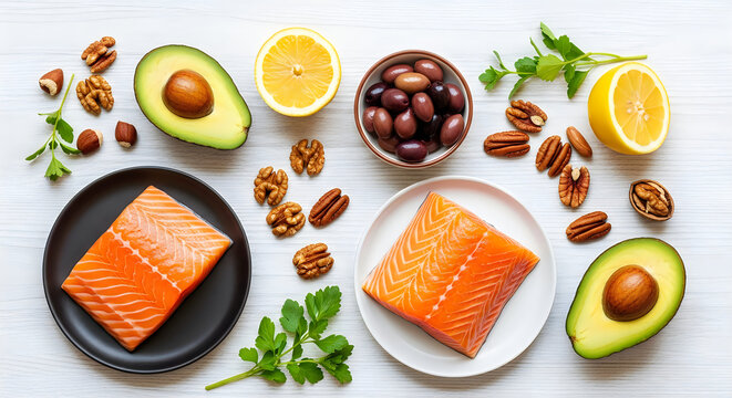 Healthy diet composition salmon avocado nuts citrus fruits and berries