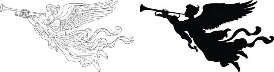 Detailed vector illustration of a flying celestial angel playing a trumpet with flowing robes and wings © MdSumon