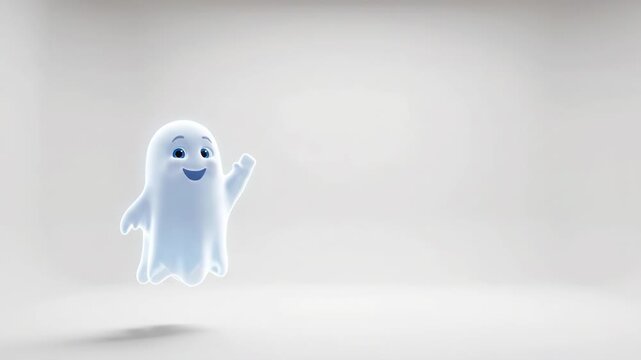 Halloween ghost cartoon character cute friendly wave floating on white background joyful spirit mascot illustration minimal design