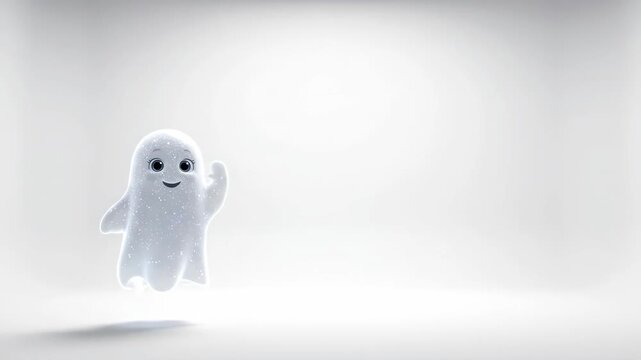 Halloween ghost character cute sparkle white background smiling friendly wave greeting minimal floating spirit cartoon fantasy art