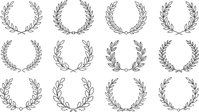 Collection of hand drawn laurel wreath and branch icons