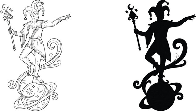Jester tarot card vector design with outline and silhouette versions standing on a mystical planet
