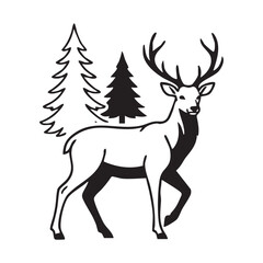 Naklejka premium Majestic Deer Standing in Forest Black and White Line Art SVG Vector