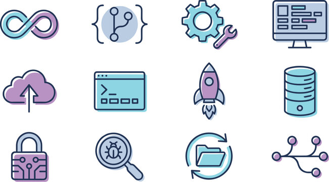 Software development and DevOps flat line icon vector set featuring coding cloud computing git branch database cybersecurity rocket launch and tech tools