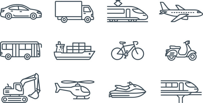 Transportation and logistics line icon vector set featuring car truck train airplane bus ship bicycle scooter excavator helicopter and monorail