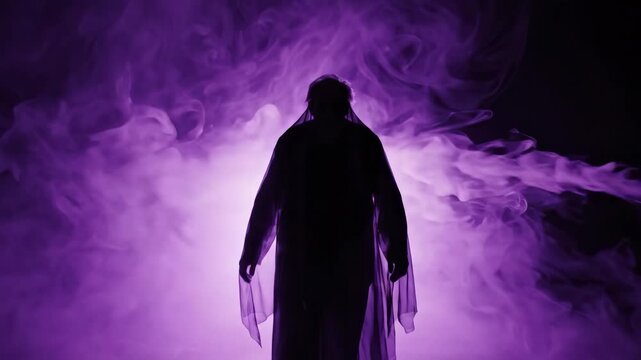Halloween silhouette wizard cloak purple smoke misty horror shadow fog spooky figure walks through night background purple smoke