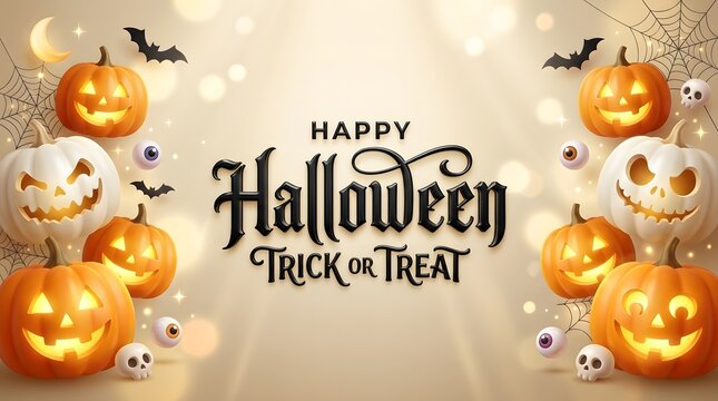 Happy Halloween banner with glowing jack o lanterns, white pumpkins, flying bats, and typography on beige background